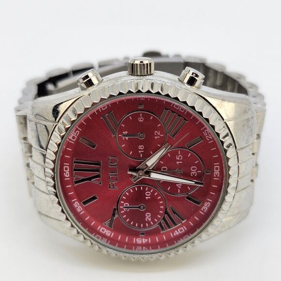 Folio Women's Watch 38MM Dark Pink Dial Gray Bracelet Band 5.5" New Battery - Picture 5 of 13